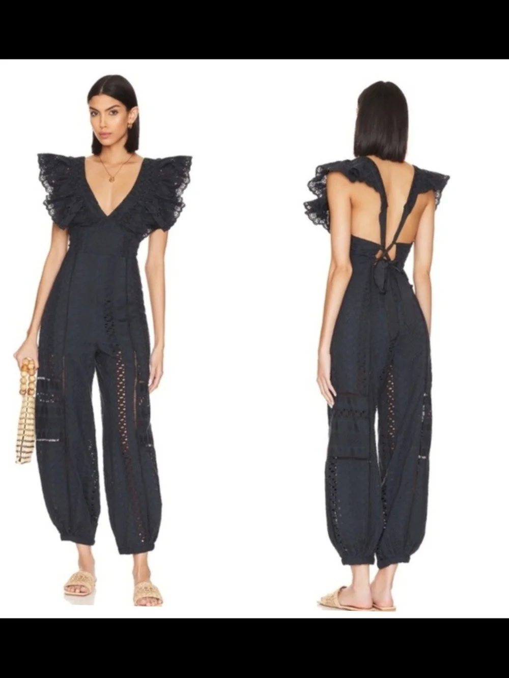 Free People Mikayla Jumpsuit Cotton Ruffle Eyelet Deep V Neck BOHO.